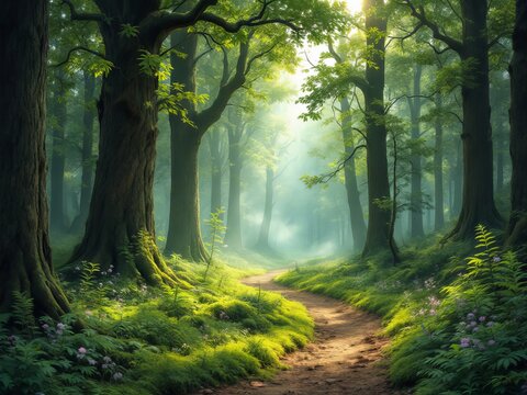 Wide shot of a forest path with tall trees and lush green foliage under soft natural light