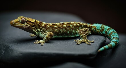Obraz premium Colorful gecko resting on a smooth black stone
