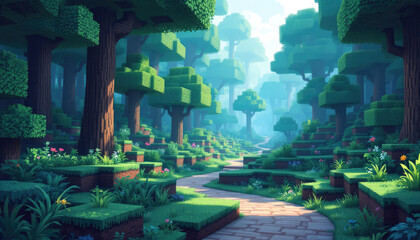 A pixel art representation of a forest, featuring a winding path surrounded by trees and flowers. Pixel art background, pixel art wallpaper