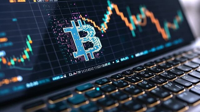 Cryptocurrency market analysis on a laptop with high-resolution graphics