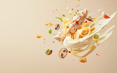 Velvety white Alfredo sauce swirling in mid-air with fettuccine pasta, mushrooms, and grilled chicken pieces, on a soft warm beige backdrop