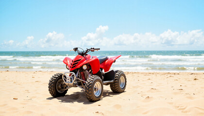 Red ATV parked on sandy beach under blue sky