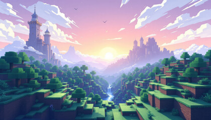 A digital illustration featuring pixel art style landscapes with a castle, trees, and mountains. Pixel art background, pixel art wallpaper