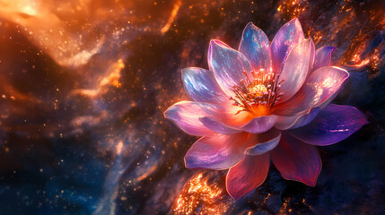 An otherworldly bloom with iridescent sheen in a dimly lit cave, shimmering petals , mystical energy, dimly lit cavern. Shimmering Cave. Illustration