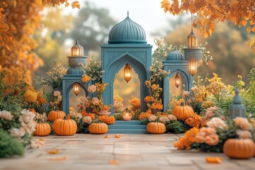 Autumnal Lantern Display With Pumpkins And Flowers