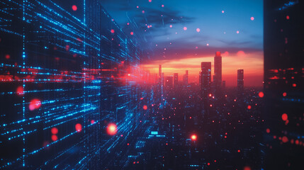 Fototapeta premium Smart digital Innovation city with connection network reciprocity over the cityscape. of future smart wireless digital city and social media networking systems that connects people with in city