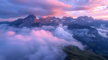 Clouds at dawn over the majestic Santis and Saxer Lucke mountains, aerial view, Appenzell Canton, Alpstein Range, Switzerland, Europe