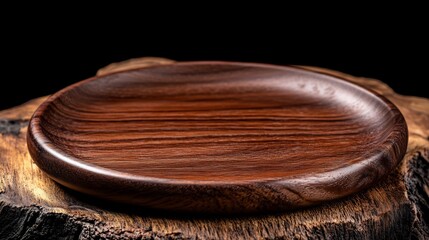 Obraz premium Handcrafted Walnut Wooden Plate on Rustic Tree Stump