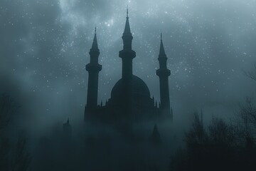 Mysterious Mosque Silhouette Under Starry Night Sky