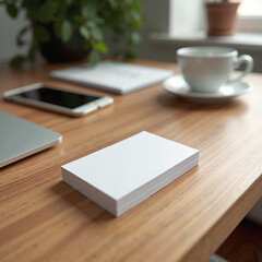 Minimalist workspace with blank stationery and coffee, productivity focus