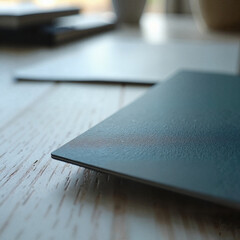 Minimalistic workspace with textured notebook on wood table, productivity