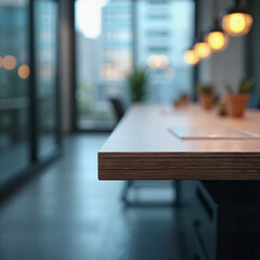 Modern workspace with wooden table and soft lighting, productivity