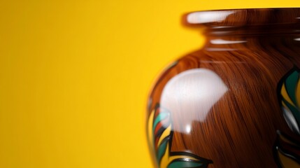 Obraz premium Elegant Wooden Vase with Vibrant Floral Design Against a Yellow Background