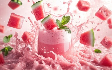 A bright pink watermelon juice splash with flying watermelon cubes and tiny mint leaves, displayed on a white background