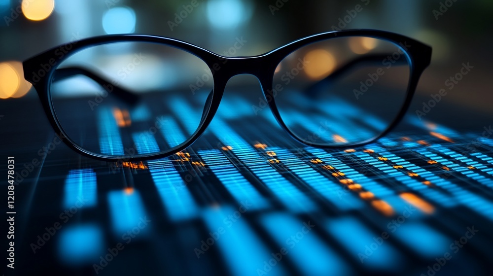 Poster eyeglasses on a glowing digital screen displaying data.