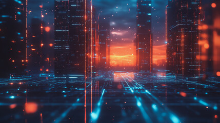 Smart digital Innovation city with connection network reciprocity over the cityscape. of future smart wireless digital city and social media networking systems that connects people with in city