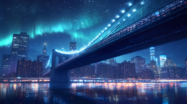 Fototapeta Brooklyn bridge illuminated urban lights and northern lights merge in a mesmerizing night scene. Aurora Bridge. Illustration