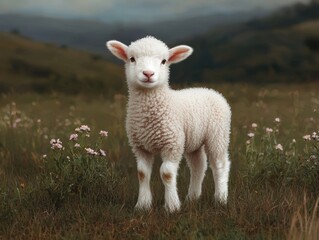 Fototapeta premium Adorable fluffy lamb in a field of flowers