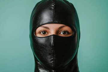 Naklejka premium Close-up of a woman's eyes peering through a black leather balaclava.