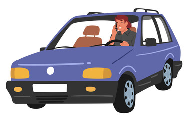 Man character driving car talking having call using mobile phone violates traffic safety rules