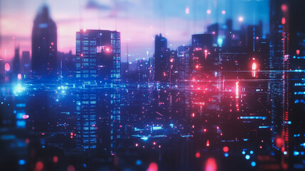 Fototapeta premium Smart digital Innovation city with connection network reciprocity over the cityscape. of future smart wireless digital city and social media networking systems that connects people with in city