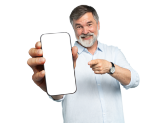 Handsome Excited Mature Man Showing Pointing At Empty Smartphone Screen Posing On Transparent Background, Smiling To Camera. Check This Out, Cellphone Display Mock Up
