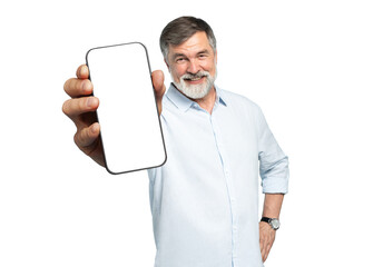 Handsome Excited Mature Man Showing Pointing At Empty Smartphone Screen Posing On Transparent Background, Smiling To Camera. Check This Out, Cellphone Display Mock Up