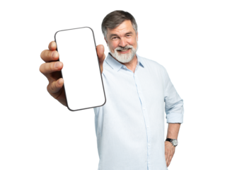 Handsome Excited Mature Man Showing Pointing At Empty Smartphone Screen Posing On Transparent Background, Smiling To Camera. Check This Out, Cellphone Display Mock Up