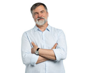Portrait of happy casual older man smiling, Mid adult, mature age male with gray hair, Isolated on transparent background