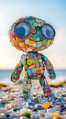 Whimsical and Imaginative Mosaic Sculpture of a Quirky Fantasy Character Placed on a Pebble Covered Beach with a Vibrant Abstract and Design