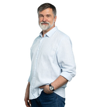 Portrait of happy casual older man smiling, Mid adult, mature age male with gray hair, Isolated on transparent background