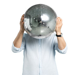 Mature man and a mirror ball instead of a head on transparent background