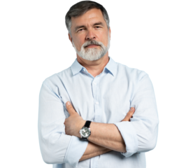 Portrait of happy casual older man smiling, Mid adult, mature age male with gray hair, Isolated on transparent background