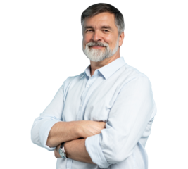 Portrait of happy casual older man smiling, Mid adult, mature age male with gray hair, Isolated on transparent background