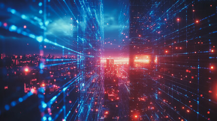 Fototapeta premium Smart digital Innovation city with connection network reciprocity over the cityscape. of future smart wireless digital city and social media networking systems that connects people with in city