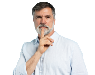 Serious good looking mature male, keeps fore finger on lips, tries to keep conspiracy, looks aside, says: Shh, make silence please. Isolated on transparent