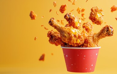 A floating bucket of extra crispy chicken drumsticks with a tangy mustard sauce explosion