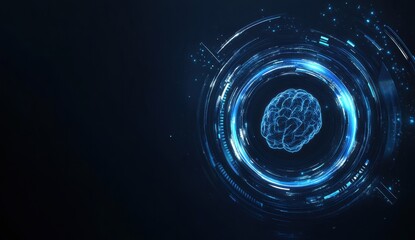 Abstract futuristic digital technology background with a brain symbol and hologram circle on a dark blue background AI, artificial intelligence concept Generative AI