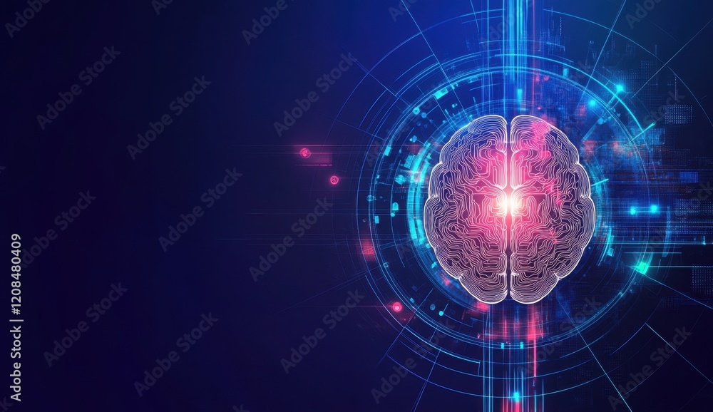 Aufkleber abstract futuristic digital technology background with a brain symbol in a circle on a dark blue bac