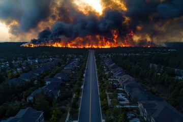 Fototapeta premium Vast wildfire burning through forest bordering a nearby residential community, with intense flames and thick smoke billowing high above houses lining quiet street