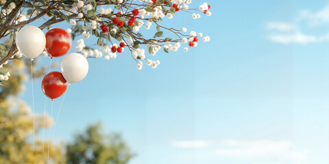 Festive balloons and spring blossoms against blue sky