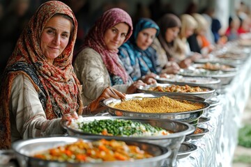 Afghan Women Serving Traditional Food at a Buffet
