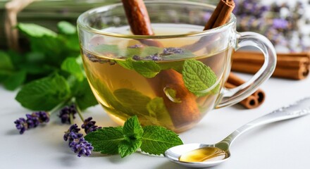 Herbal tea with mint, lavender, and cinnamon in a clear cup