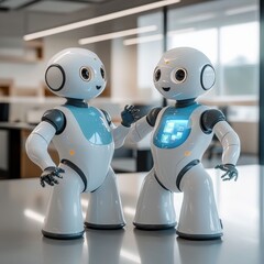 Two robots interacting and posing for a professional photo shoot in a clean and professional office
