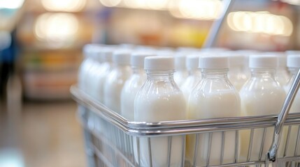 Shopping cart filled with milk bottles in supermarket aisle