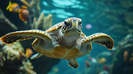 Obraz premium A turtle gliding through the water, accompanied by a variety of colorful fish.