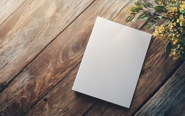 A folded brochure with a blank cover resting on a wooden desk, professional setting