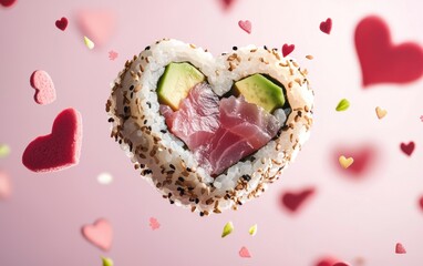 A floating heart-shaped sushi roll with tuna, avocado, and sesame seeds mid-air on a valentines day background