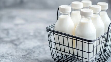 Milk bottles in wire basket, kitchen counter, grey background, dairy product delivery