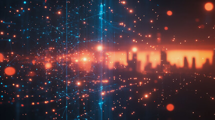 Fototapeta premium Smart digital Innovation city with connection network reciprocity over the cityscape. of future smart wireless digital city and social media networking systems that connects people with in city